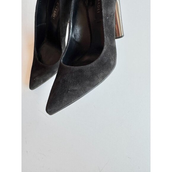 CASADEI Black Suede Leather Pointed Toe High Mirrored Block Heel Pumps, Size 36 - Picture 7 of 16